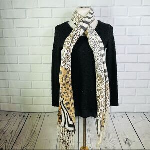 Pashmina White/Tan/Black Leopard Patchwork Fringe Scarf